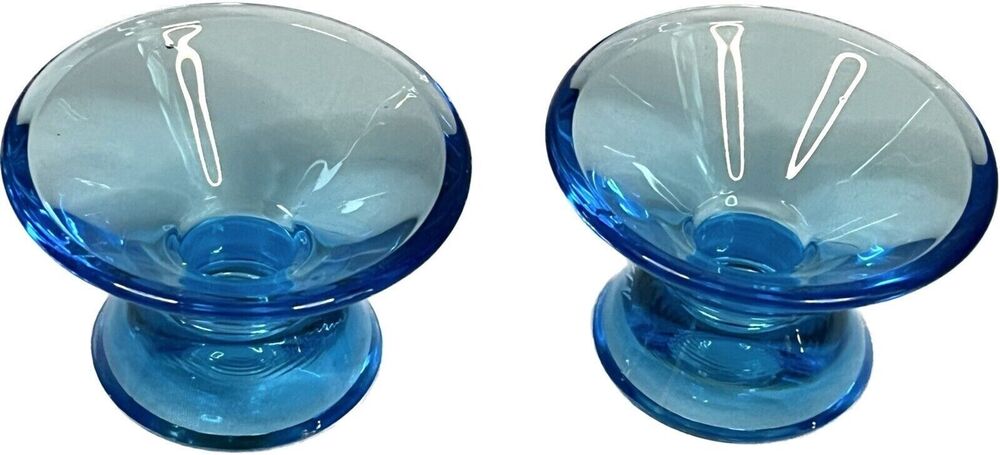 Vintage Iittala Kartio Kaj Franck Blue Glass Candle Holders Pair Finland MCM